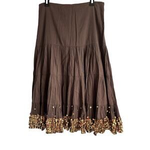 Sweet By Miss Me Large Cotton Brown Pleated Tiered Maxi Skirt Gold Sequined Hem